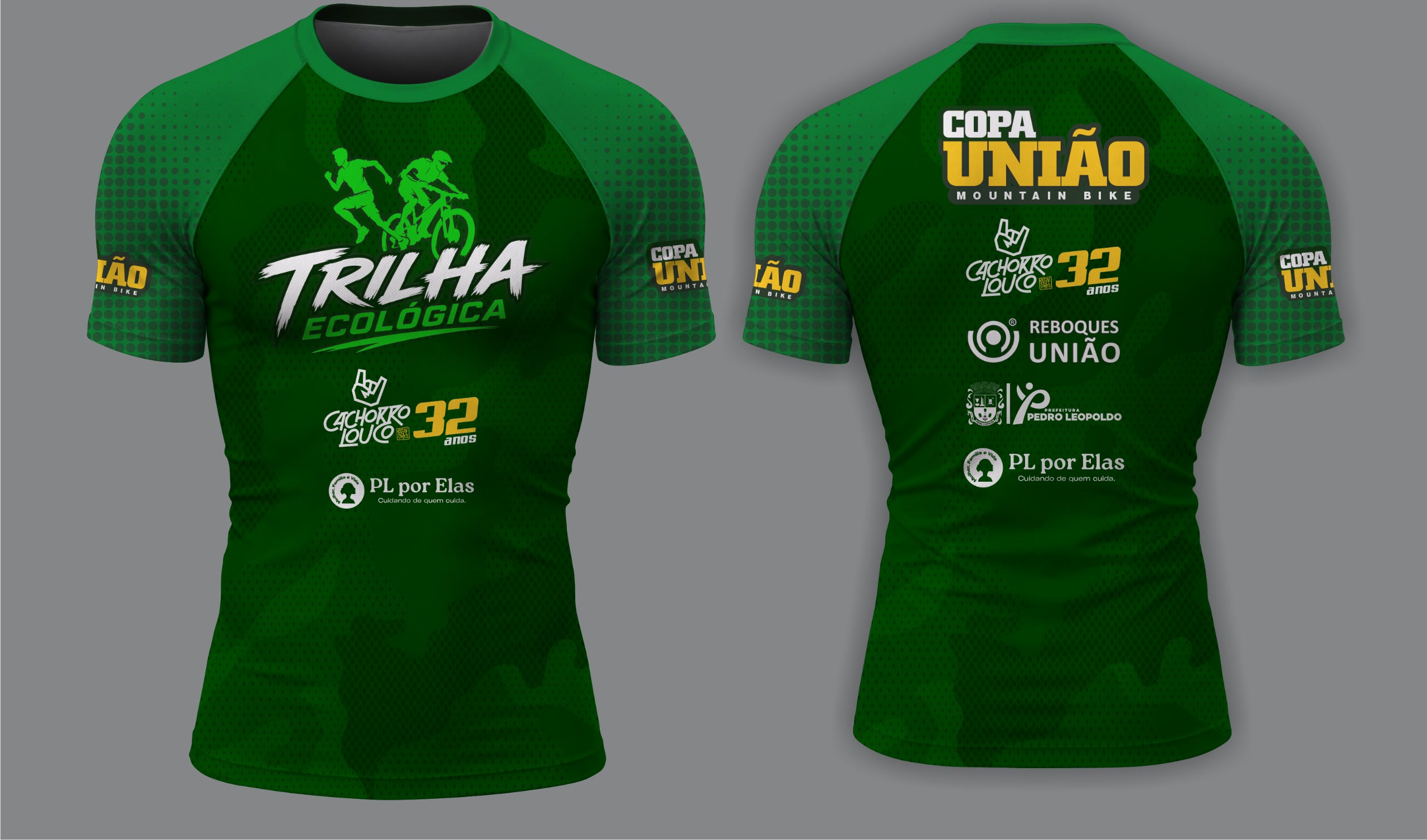 Camisa oficial da Cachorro Louco Adventures — frente com a arte Trilha Ecológica e costas com Copa União e patrocinadores
