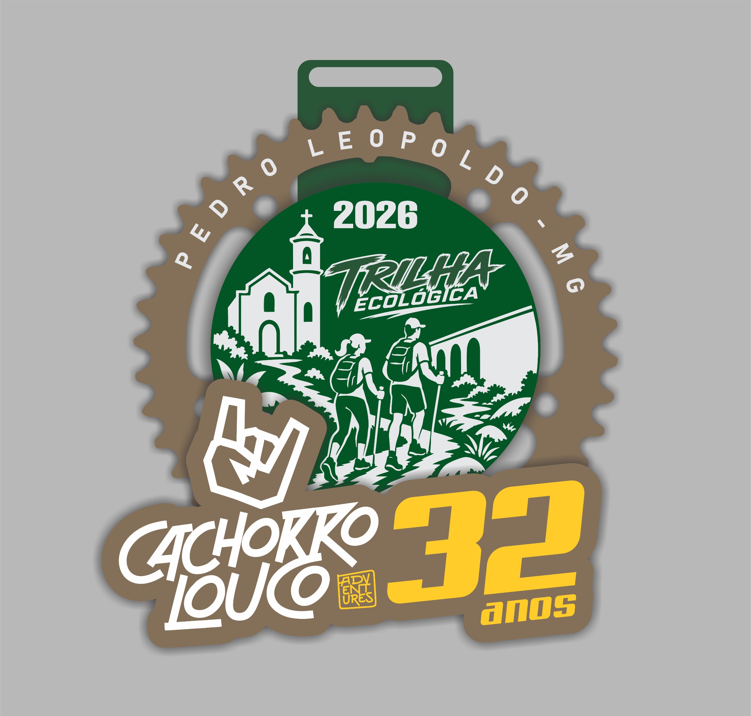 Medalha de participação da Trilha Ecológica 2026 — Pedro Leopoldo/MG, Cachorro Louco Adventures 32 anos